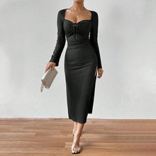 Load image into Gallery viewer, Women Clothing French Elegant Socialite Dress Autumn Winter Square Collar Sexy Slit Slim Midi Dress