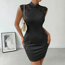 Load image into Gallery viewer, Chinese Hip Embroidered Stand Collar Black Cheongsam Dress