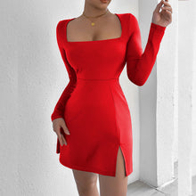 Load image into Gallery viewer, Women Clothing Square Collar Tight Long Sleeve Slit Flared Mini Sexy Dress