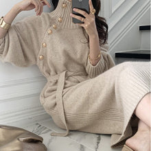 Load image into Gallery viewer, Japanese Korean Lace up Waist Trimming Knitted Dress Autumn Winter Loose Slimming All Matching Turtleneck Long Sweater for Women