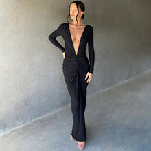 Load image into Gallery viewer, Women Clothing Summer Sexy V neck Slim Pleated Solid Color Long Sleeve Dress