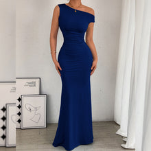 Load image into Gallery viewer, Women Fishtail Dress Slant Shoulder Collar Waist Pleated Sleeveless Sexy Dress