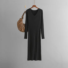 Load image into Gallery viewer, Autumn Winter V neck Knitted Dress Outer Wear Straight Slimming Long Sleeve Sunken Stripe Slit Base Overknee Sweater Dress