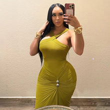 Load image into Gallery viewer, Autumn Winter Women Clothing Cross Halter Solid Color Pleated Waist Tight Slimming Fishtail Dress