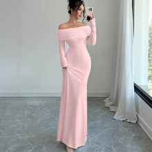 Load image into Gallery viewer, Women Clothing Autumn off Shoulder Four Sided Stretch Dress Tight off Shoulder Long Formal Dress
