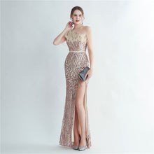 Load image into Gallery viewer, Heavy Industry Ostrich Hair Craft Beading Hair Oblique Shoulder Side Slit High End Evening Dress