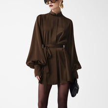 Load image into Gallery viewer, Women Clothing Autumn Stand up Collar Long Sleeved Lace up A line Short Dress