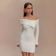Load image into Gallery viewer, Autumn Winter Sweater Dress Women Long Sleeved off Neck Knitted Tight Graceful Short Dress