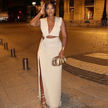 Load image into Gallery viewer, Women Clothing Solid Color Dress Oblique V neck off Shoulder Sleeveless Irregular Asymmetric Slit