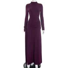 Load image into Gallery viewer, Women Clothing Winter Solid Color High Collar Long Sleeve Pinch Pleated Ribbon Elegant Maxi Dress