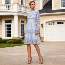 Load image into Gallery viewer, Spring Elegant Casual Stitching Lotus Leaf See through Printed Stand Collar High Waist Long Sleeves Dress Women