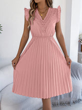 Load image into Gallery viewer, Women Clothing Spring Summer Casual Lace V neck Wooden Ear Cinched Pleated Dress