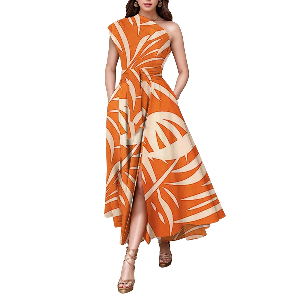 Women Wear Printed Dress One Shoulder Sleeveless Dress