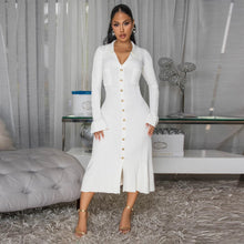 Load image into Gallery viewer, Women Wear V neck Solid Color Dress Single Breasted Long Sleeve Dress