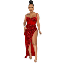 Load image into Gallery viewer, Suspenders Sequin Mesh See through Irregular Asymmetric Slit Dress Women