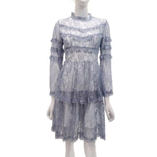 Load image into Gallery viewer, Spring Elegant Casual Stitching Lotus Leaf See through Printed Stand Collar High Waist Long Sleeves Dress Women