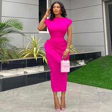 Load image into Gallery viewer, Women Clothing Summer Short Sleeve Solid Color Pleating Frayed Hem Slim Fit Mid Length Dress