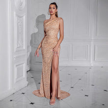 Load image into Gallery viewer, Women Sexy High Split Dress Oblique Shoulder Gorgeous Party Dinner Dress