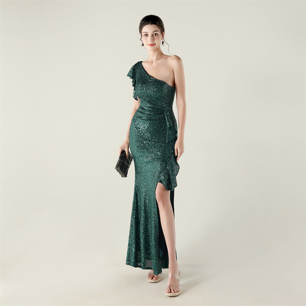 One Shoulder Ruffles Embellished Beaded Chain Handmade Sequined Evening Dress Cocktail Party Wedding