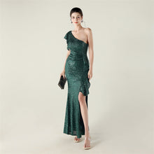 Load image into Gallery viewer, One Shoulder Ruffles Embellished Beaded Chain Handmade Sequined Evening Dress Cocktail Party Wedding