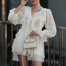 Load image into Gallery viewer, Fall French Design Ruffled Tied Dress Women V Neck Long Sleeve A Line Dress