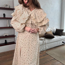Load image into Gallery viewer, French Design Ruffled Waist Seal Printed V neck Puff Sleeve Elegant Split Dress Women Clothing