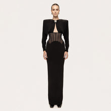 Load image into Gallery viewer, Women Clothing Black Shoulder Boning Corset Drill Buckle Dress round Neck Elegant Split Evening Sheath Dress