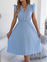 Load image into Gallery viewer, Women Clothing Spring Summer Casual Lace V neck Wooden Ear Cinched Pleated Dress