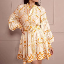 Load image into Gallery viewer, French Elegant Spring Stand Collar Lantern Sleeve Lace up Waist Slimming Stitching Floral Dress for Women