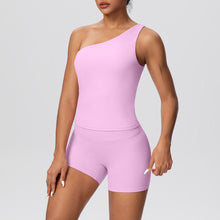 Load image into Gallery viewer, Women Solid Color Oblique Shoulder Strap Beauty Back Exercise Vest Yoga Pants Running Slim Shorts Fitness Yoga Wear Set