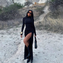 Load image into Gallery viewer, Autumn Stand Collar Long Sleeve Pleated Sexy Slit Hip Bag Dress Women