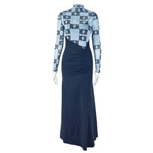 Load image into Gallery viewer, Stitching Women Pleated Slim Hip Micro Transparent Stand Collar Long Sleeve Faux Two Pieces Maxi Dress