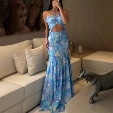 Load image into Gallery viewer, Spring Summer Halterneck Printed Pleated Dress Casual Loose Vacation Dress