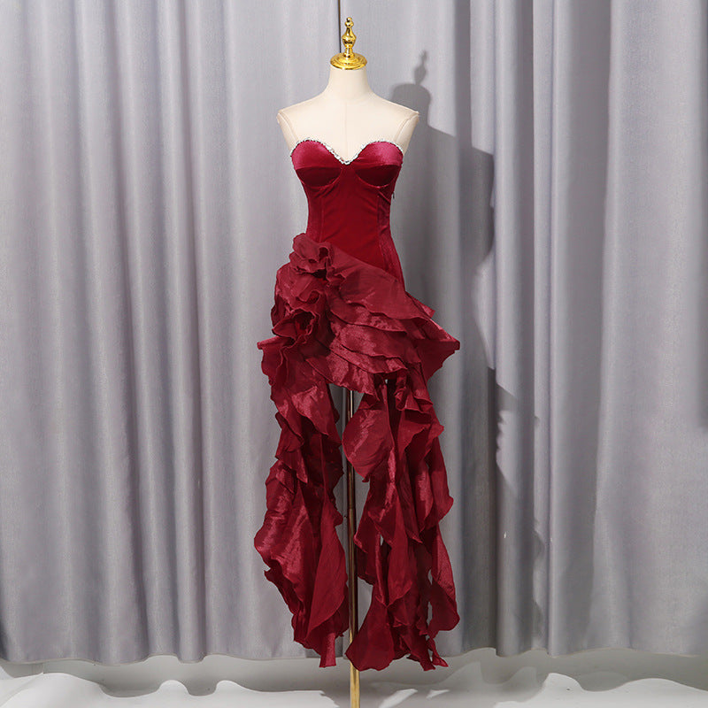 Wine Red Diamond Decorations Tube Top Ruffled Short Evening Dress Fall Women Clothing Irregular Asymmetric Socialite Dress
