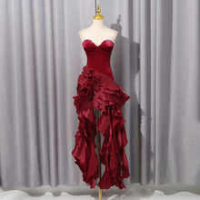 Load image into Gallery viewer, Wine Red Diamond Decorations Tube Top Ruffled Short Evening Dress Fall Women Clothing Irregular Asymmetric Socialite Dress