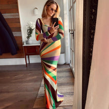 Load image into Gallery viewer, Women Clothing Sexy Rainbow Printing Fashionable Fitted Long Sleeve Hip Bag Maxi Dress Women