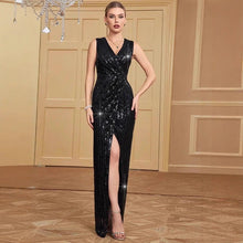 Load image into Gallery viewer, Popular Sexy V neck Split Sequined Sheath Slim Cocktail Evening Dress