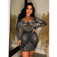Load image into Gallery viewer, Women Wear Solid Color Mesh Rhinestone Long Sleeve Short Dress