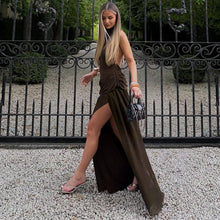 Load image into Gallery viewer, Women Clothing Solid Color Mesh Patchwork Slit Halter Sexy Backless Elegant Dress