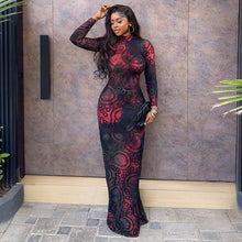Load image into Gallery viewer, Charm Women Printed Wear Color Matching Hip Dress Sexy Stand up Collar Long Sleeve Waist Tight Dress