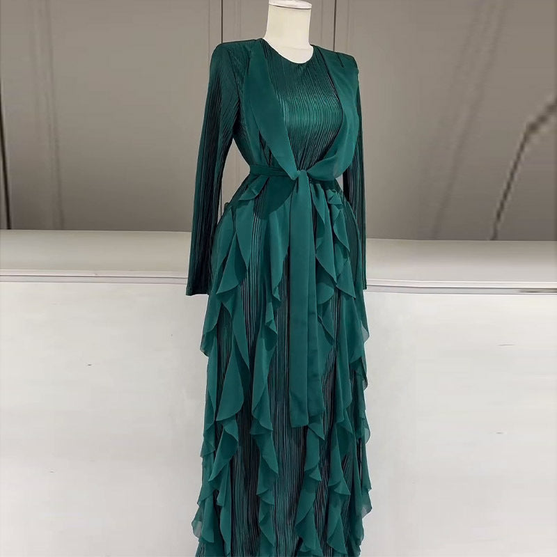 Ruffled Pleated Dress Elegant Women Ribbon Dress