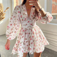 Load image into Gallery viewer, Spring Women Clothing Sweet Elegance Printed V neck Lace Waist Trimming Short Dress