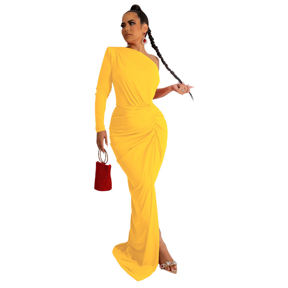 Women Clothing Autumn Oblique Shoulder Pleated Solid Color Dress Maxi Dress