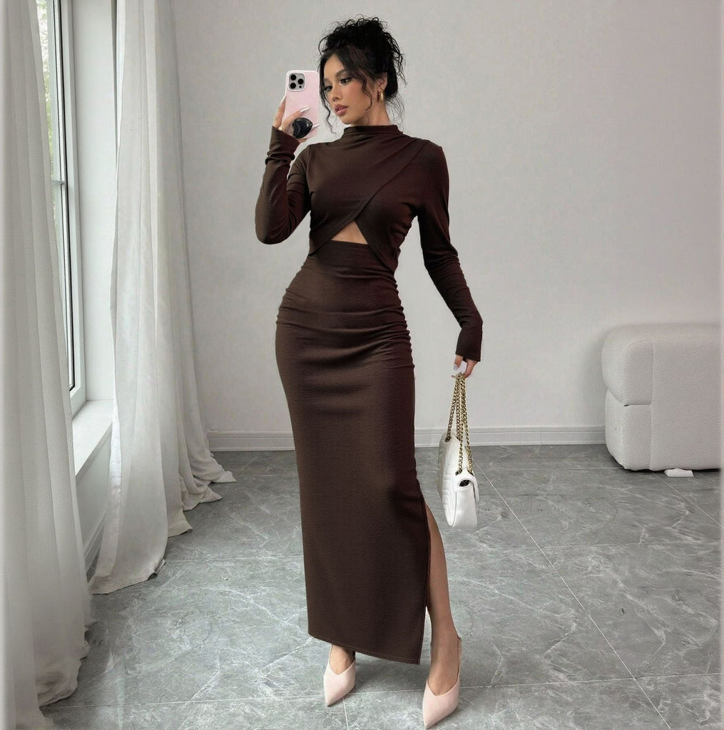 Autumn Winter Sexy Slit Slim Fitting Cropped Outfit Long Sleeve Mid Length Long Sleeve Dress
