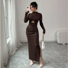 Load image into Gallery viewer, Autumn Winter Sexy Slit Slim Fitting Cropped Outfit Long Sleeve Mid Length Long Sleeve Dress