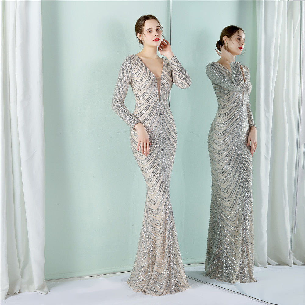 Positioning Floral Sequin Evening Dress Women Banquet Elegant Long Sleeve Sequined Queen Fishtail Dress