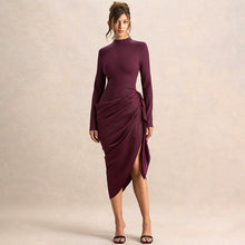 Load image into Gallery viewer, Women Clothing Autumn Winter Elegant Solid Color Waist Tight Irregular Asymmetric Oblique Swing Mid Length Dress