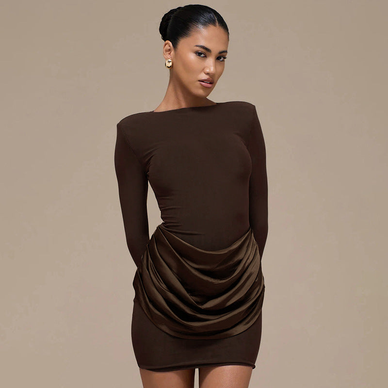 Women Clothing Autumn Winter Solid Color Elegant Casual Slim Fit round Neck Long Sleeves Pleated Short Dress