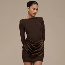 Load image into Gallery viewer, Women Clothing Autumn Winter Solid Color Elegant Casual Slim Fit round Neck Long Sleeves Pleated Short Dress