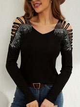 Load image into Gallery viewer, Lace Stitching Heavy Embroidery Drilling V neck Floor Long Sleeve T shirt Women Top
